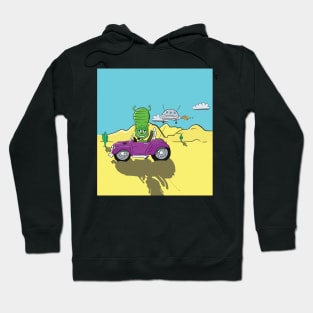 Alien driving a Purple Car in the Desert Landscape with UFO Hoodie